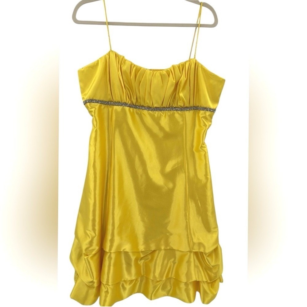 Fiesta Yellow Satin Empire Waist Rhinestone Bubble Hem Dress 2XL Made in USA